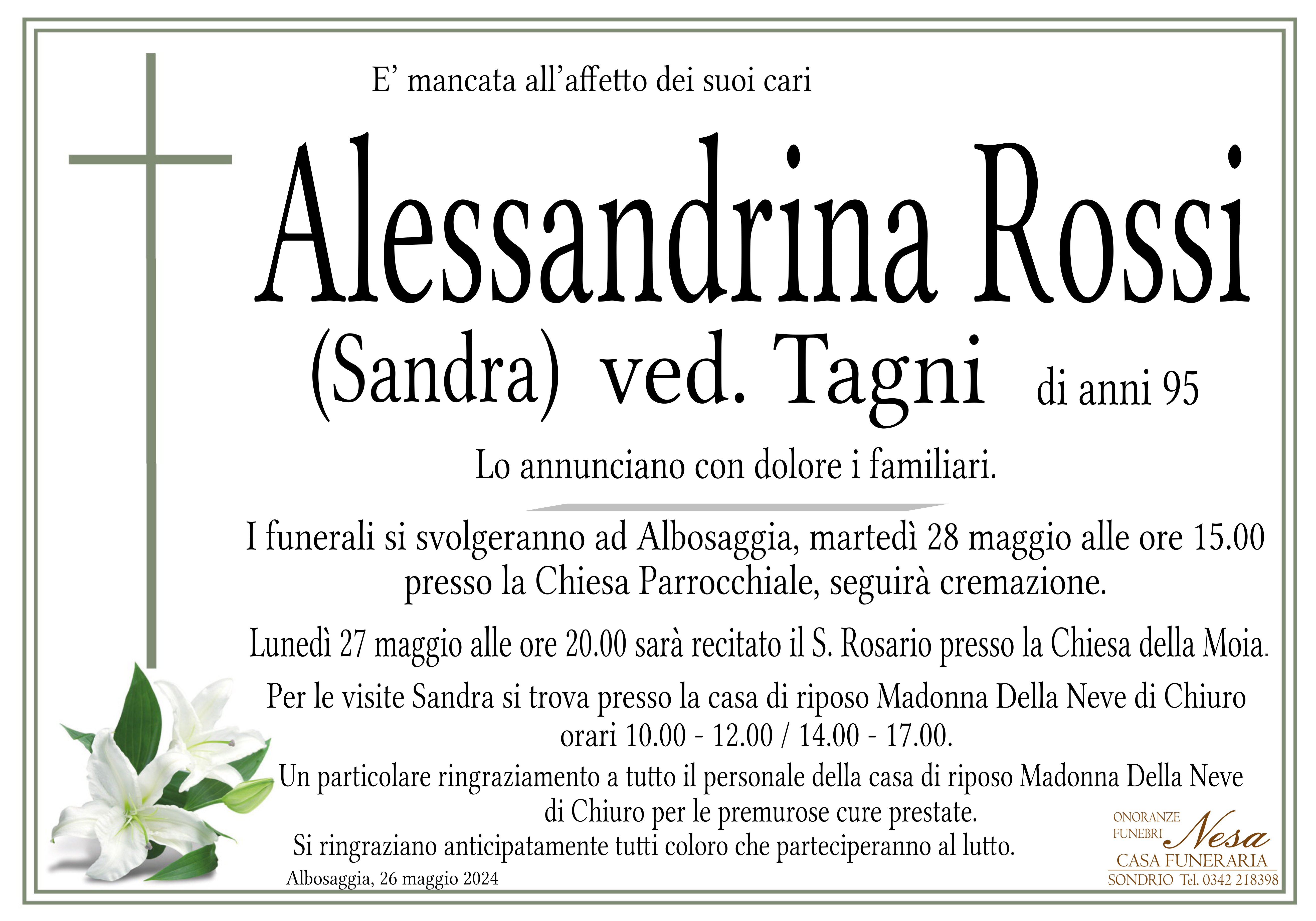 Necrologio Alessandrina (Sandra) Rossi ved. Tagni